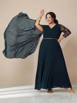 Miss Chase - A+ Curve Collection Plus Size Women's Teal V-Neck Asymmetric Gown