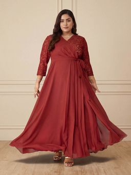 Miss Chase - A+ Curve Collection Plus Size Women's Brick Red Wrap Georgette Gown