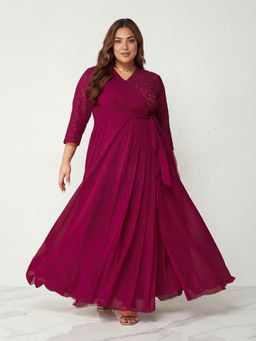 Miss Chase - A+ Curve Collection Plus Size Women's Dark Pink Wrap Maxi Georgette Gown