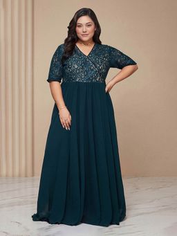 Miss Chase - A+ Curve Collection Plus Size Women's Teal Wrap Georgette Gown