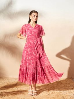 Miss Chase - Women's Pink V-Neck Flared Sleeve Wrap Maxi Chiffon Dress