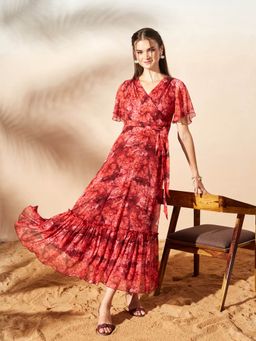 Miss Chase - Women's Red V-Neck Half Sleeve Floral Wrap Maxi Dress