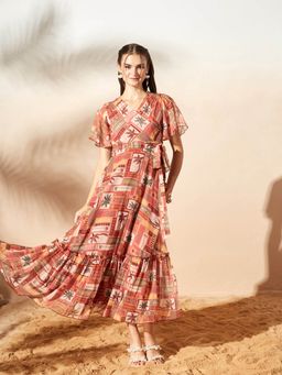 Miss Chase - Women's Peach V-Neck Flutter Sleeve Wrap Maxi Dress
