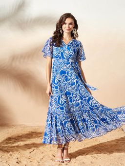 Miss Chase - Women's White and Blue V-Neck Flutter Sleeve Wrap Maxi Chiffon Dress