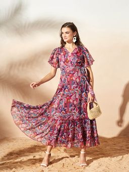 Miss Chase - Women's Floral V-Neck Flared Sleeve Wrap Chiffon Maxi Dress
