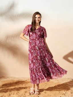 Miss Chase - Women's Wine V-Neck Half Sleeve Floral Wrap Maxi Dress