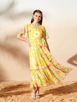 Miss Chase - Women's Butter Yellow Floral V-Neck Flutter Sleeve Maxi Dress