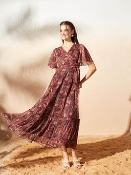 Miss Chase - Women's Brown V-Neck Flared Sleeve Wrap Maxi Chiffon Dress