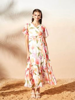 Miss Chase - Women's Floral V-Neck Wrap Maxi Chiffon Dress
