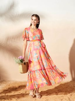 Miss Chase - Women's Light Orange Floral V-Neck Wrap Maxi Dress