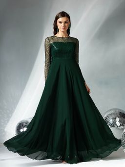 Miss Chase - Women's Dark Green Embellished Gown
