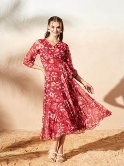 Miss Chase - Women's Maroon Floral V-Neck Wrap Midi Chiffon Dress