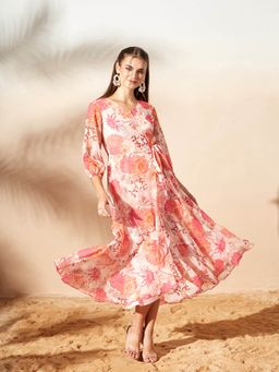 Miss Chase - Women's Light Peach Floral V-Neck Wrap Midi Chiffon Dress