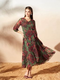 Miss Chase - Women's Olive and Wine Floral V-Neck 3/4 Sleeve Wrap Midi Chiffon Dress