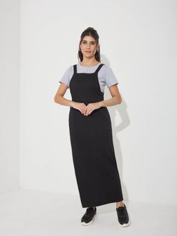 Miss Chase - Women's Black and Grey Solid Cotton Maxi Dungaree with T-Shirt