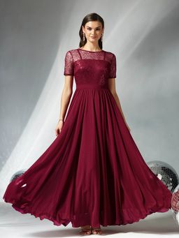 Miss Chase - Women's Maroon Relaxed Fit Georgette and Sequins Gown