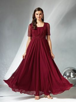 Miss Chase - Women's Maroon Square Neck Half Sleeve Embellished Gown