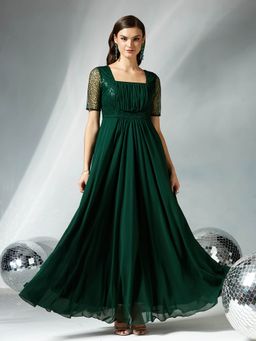 Miss Chase - Women's Dark Green Square Neck Half Sleeve Embellished Gown