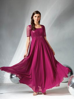 Miss Chase - Women's Dusty Pink Square Neck Half Sleeve Embellished Gown