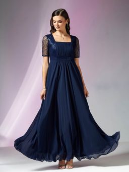 Miss Chase - Women's Navy Blue Square Neck Half Sleeve Embellished Gown