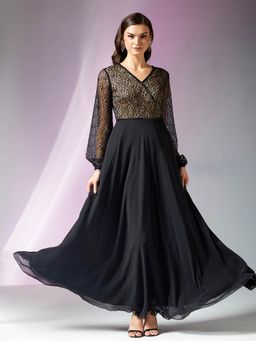 Miss Chase - Women's Black Lace Self-Design Fit and Flare Gown