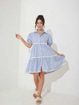 Miss Chase - Women's Blue Striped Cotton Shirt Dress