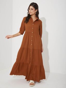 Miss Chase - Women's Rust Solid Polyester Shirt Maxi Dress