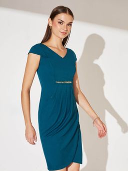 Miss Chase - Women's Teal V-Neck Cap Sleeve Solid Wrapped Polyester Dress