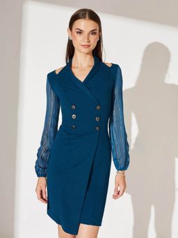 Miss Chase - Women's Teal Shawl Collar Bishop Sleeves Solid Mini Dress