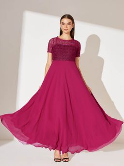 Miss Chase - Women's Dark Pink Round Neck Half Sleeve Self Design Lace Overlaid Gown