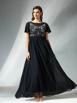 Miss Chase - Women's Black Embellished Gathered Gown