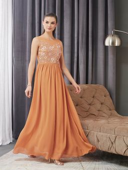 Miss Chase - Women's Dusty Orange Boat Neck Sleeveless Gathered Gown