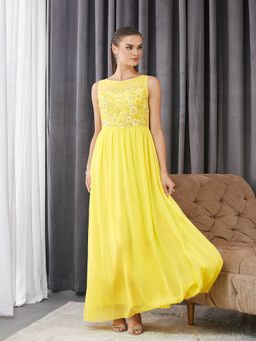 Miss Chase - Women's Light Yellow Boat Neck Sleeveless Gathered Gown