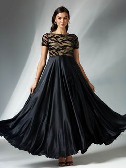 Miss Chase - Women's Black Boat-Neck Short-Sleeve Abstract Fit and Flare Satin Gown