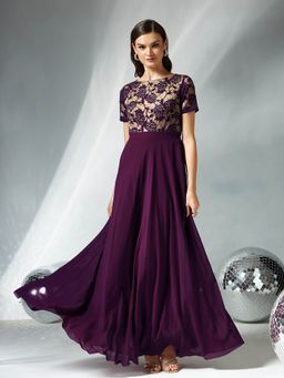 Miss Chase - Women's Dark Purple Round Neck Half Sleeve Fit and Flare Gown