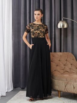 Miss Chase - Women's Black Round Neck Half Sleeve Self Design Fit and Flare Gown