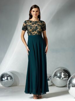 Miss Chase - Women's Teal Round Neck Half Sleeve Self Design Fit and Flare Gown
