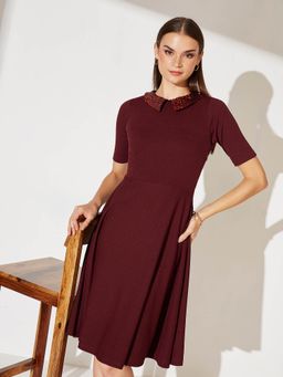 Miss Chase - Women's Maroon Round Neck Half Sleeve Solid Knee-Long Skater Dress