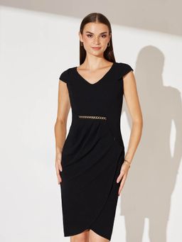 Miss Chase - Women's Black Solid V Neck Polyester Side Pocketed Dress