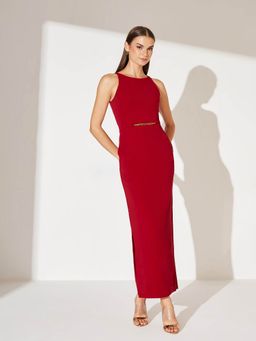 Miss Chase - Women's Cherry Red Solid Slim Fit Round Neck Sleeveless Maxi Dress