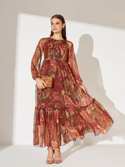 Miss Chase - Women's Brown Relaxed Fit Maxi Lurex Chiffon Dress