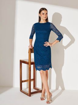 Miss Chase - Women's Teal Round Neck Floral Lace Overlaid Bodycon Dress