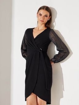 Miss Chase - Women's Black Solid V Neck Front Pocketed Polyester Wrap Mini-Length Dress