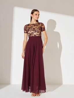 Miss Chase - Women's Wine and Beige Relaxed Fit Regular Georgette Gown