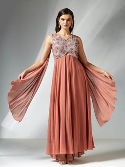 Miss Chase - Women's Dark Peach V-Neck Sleeveless Floral Cut-Out Georgette Gown