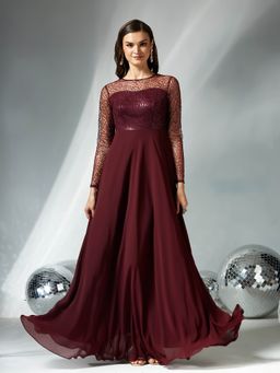 Miss Chase - Women's Wine Solid Embellished Gown