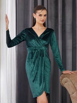 Miss Chase - Women's Green Velvet Wrap Dress