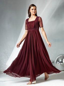 Miss Chase - Women's Wine Square Neck Half Sleeve Embellished Gown