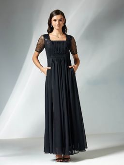 Miss Chase - Women's Black Square Neck Half Sleeve Embellished Gown