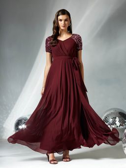 Miss Chase - Women's Wine Relaxed Fit Georgette Gown